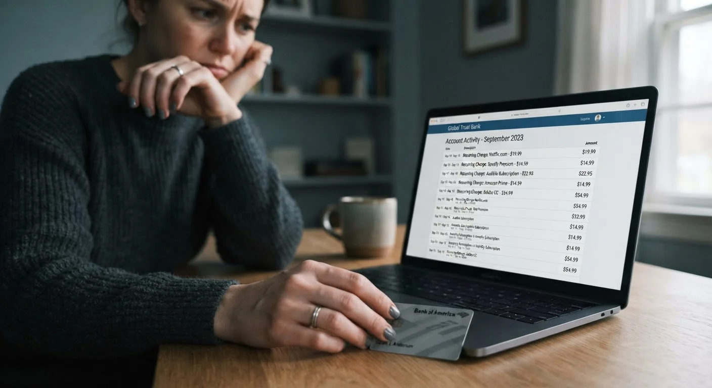 Person reviewing unexpected recurring subscription charges on a laptop credit card statement