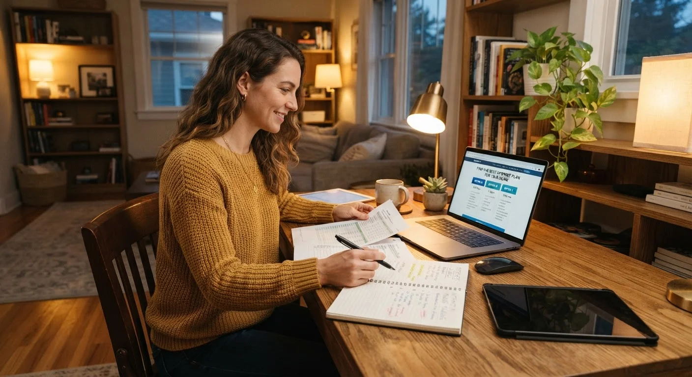 Person at home desk comparing internet provider plans on a laptop with paperwork nearby