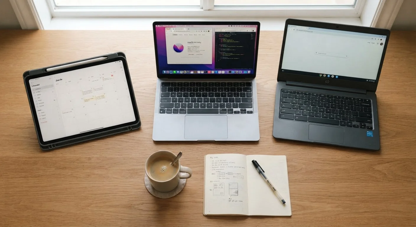 A tablet, laptop, and Chromebook placed side by side on a clean modern desk