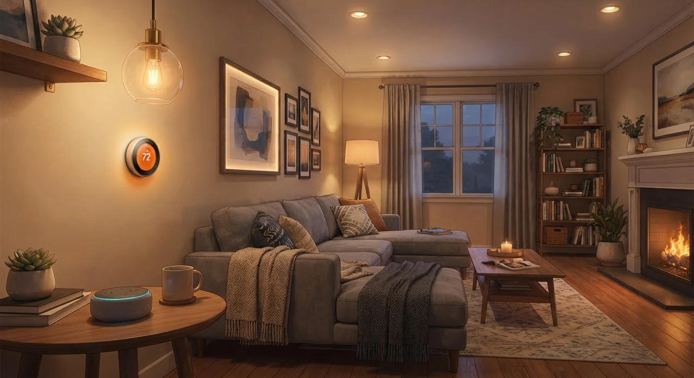 A cozy living room featuring a smart thermostat, smart speaker, and smart lighting controlled from a smartphone
