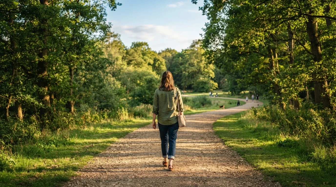 Person walking alone on a sunlit park path surrounded by green trees