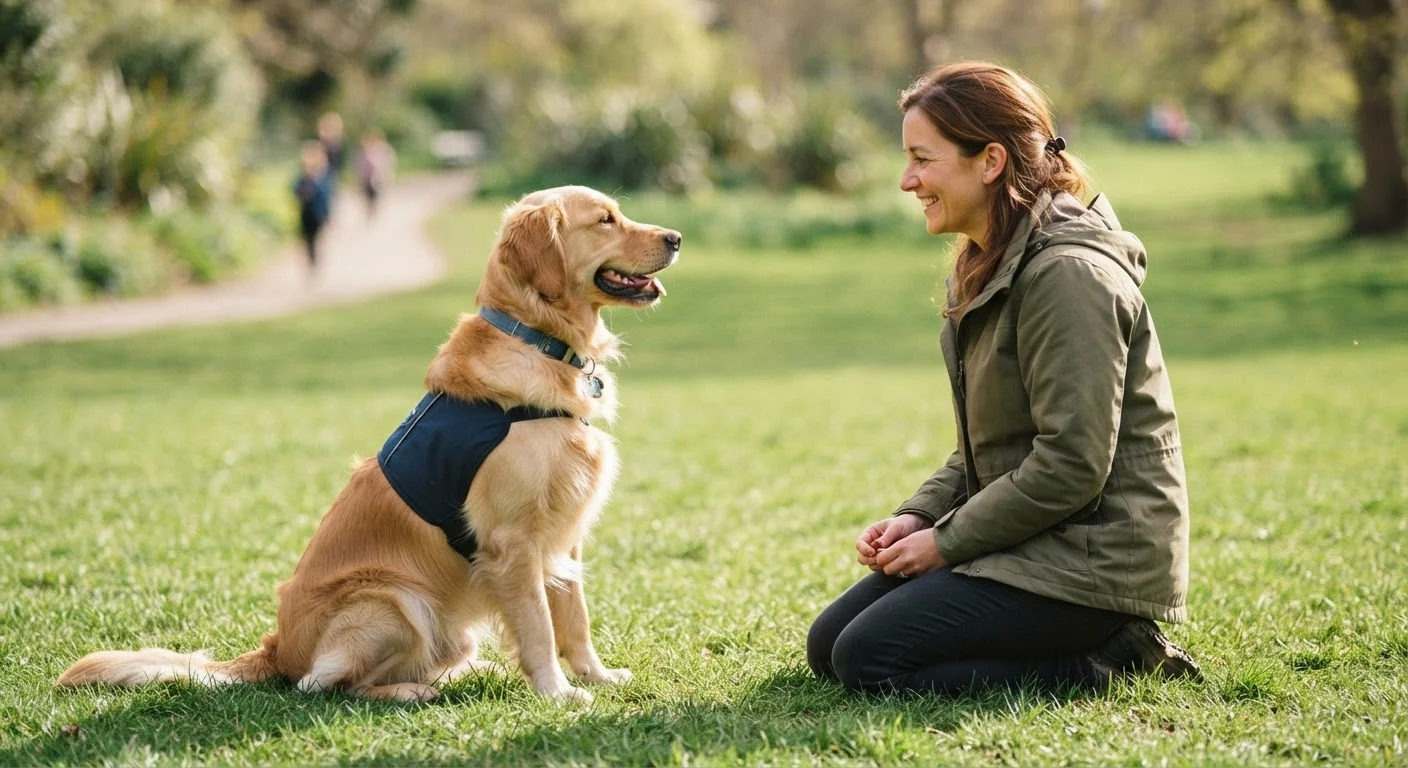 A dog sitting attentively during a positive reinforcement training session outdoors