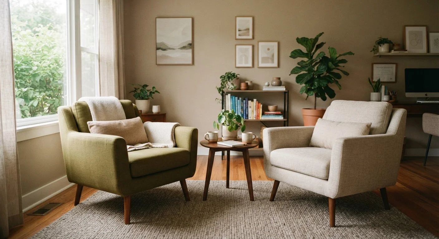 A calm, softly lit therapy office with two chairs positioned across from each other