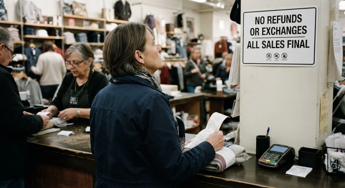 Shopper at a retail counter holding a receipt facing a no-returns policy sign