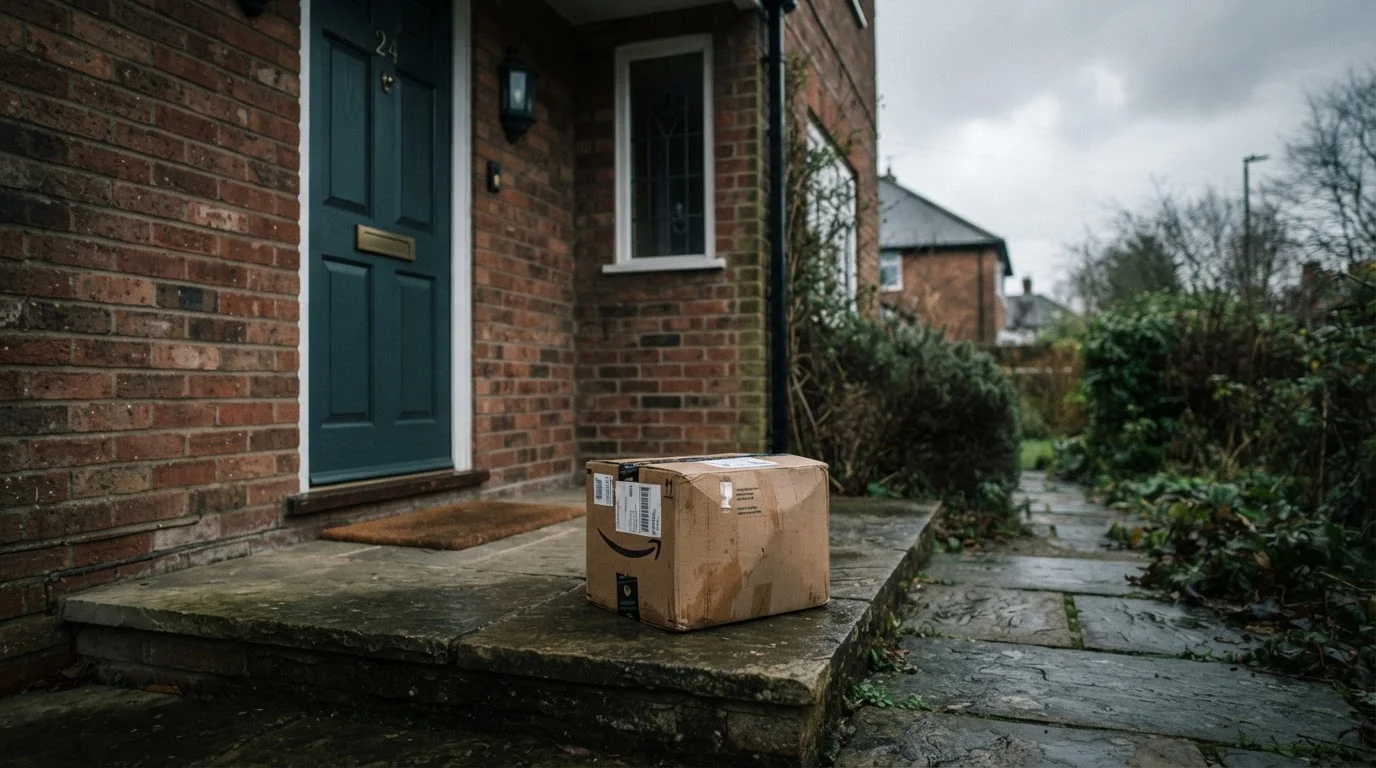 Empty doorstep with no package delivered, front door visible in background