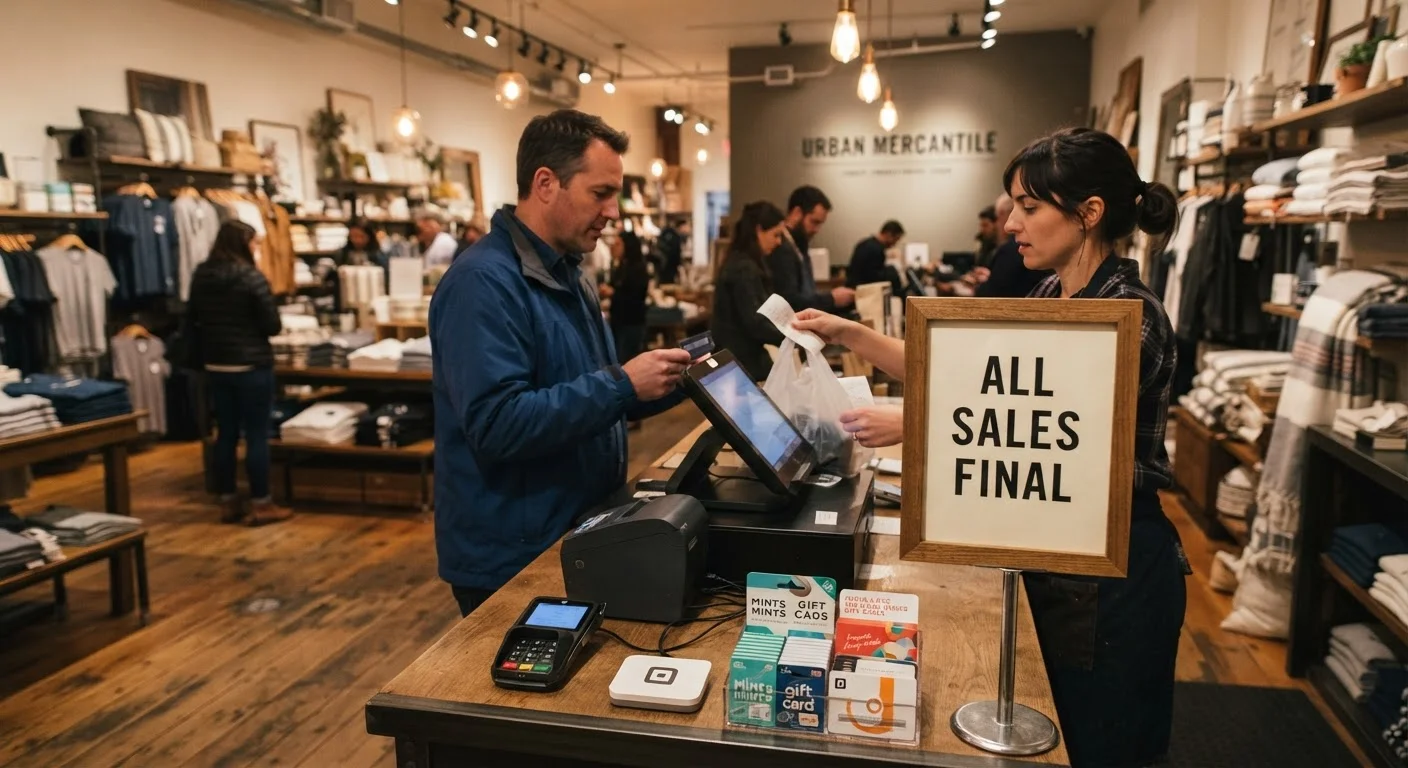 A store sign displaying 'All Sales Final' policy posted at a retail checkout counter