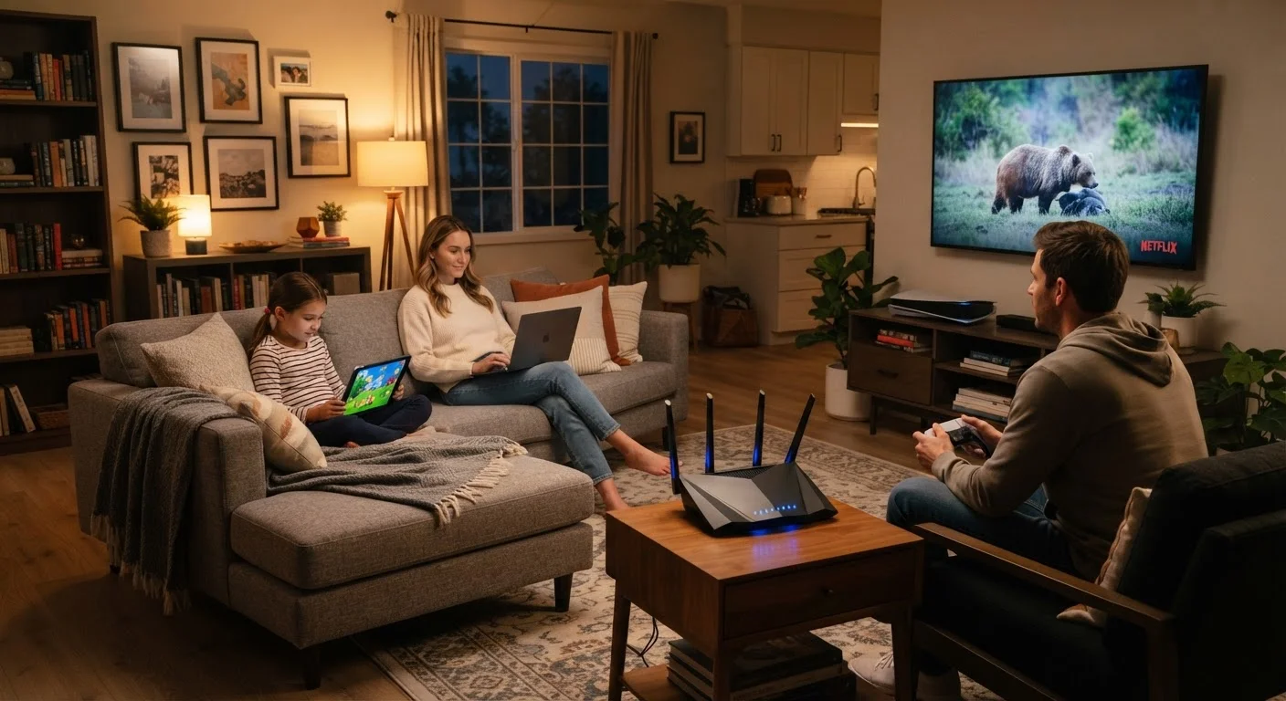 Family using multiple internet-connected devices simultaneously in a modern living room with a Wi-Fi router.