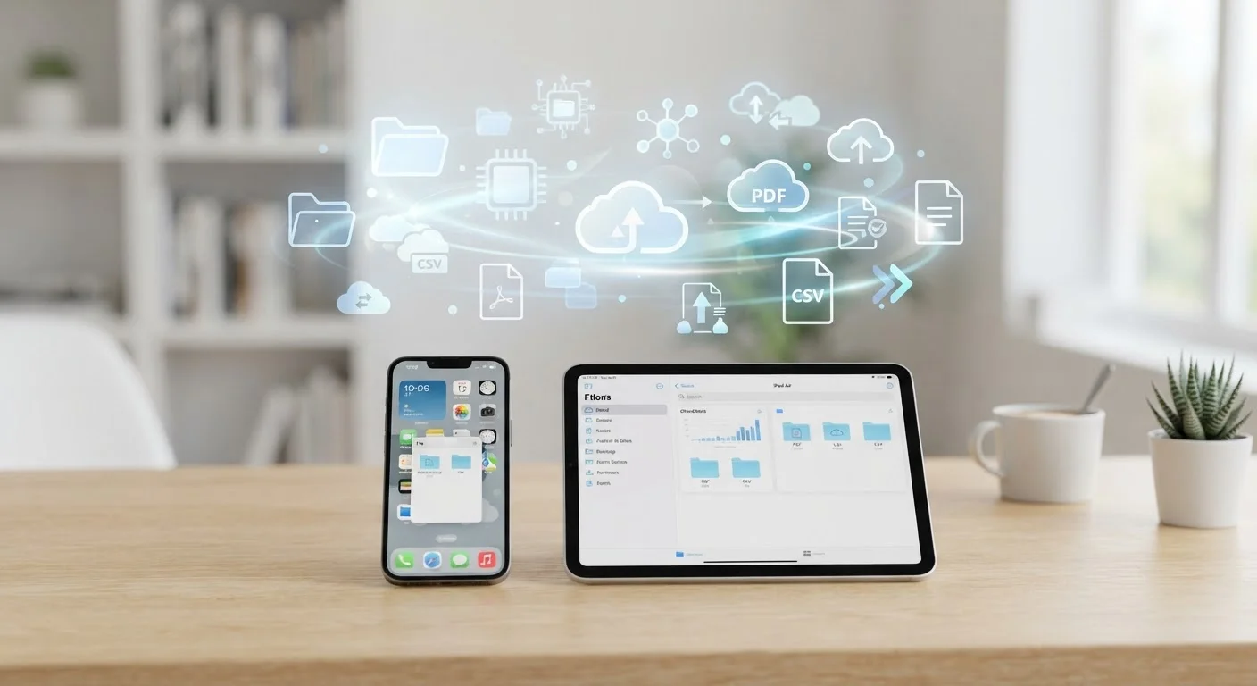 A smartphone and tablet displayed side by side with abstract data and memory icons above them
