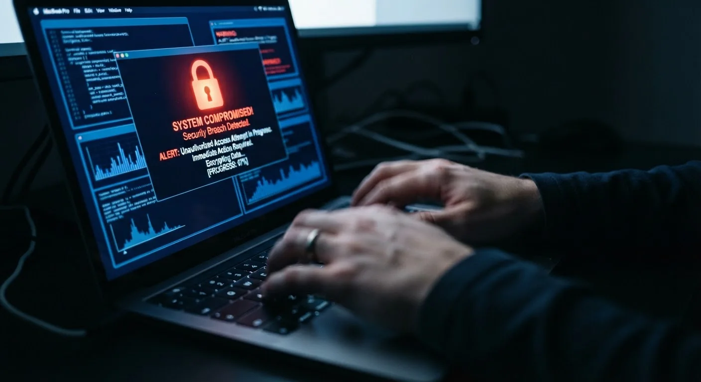 Person urgently typing on a laptop at night with a security alert visible on screen