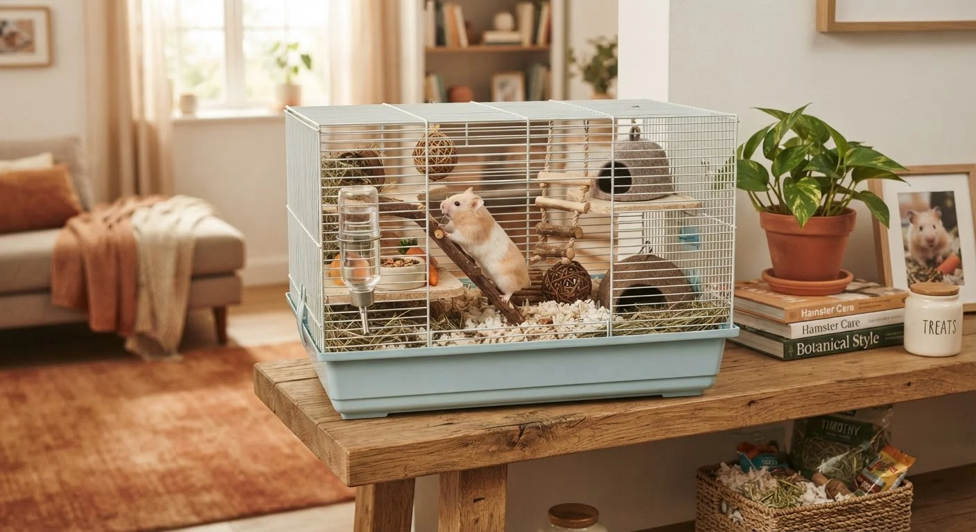 A neatly arranged small pet habitat with bedding, water bottle, and enrichment toys on a shelf.