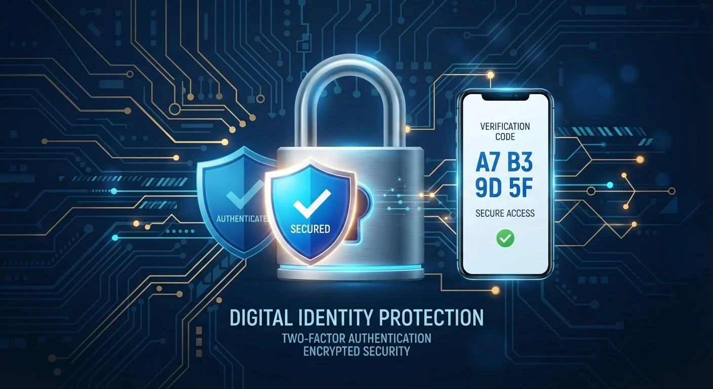 Digital padlock icon alongside a smartphone displaying a two-factor authentication code