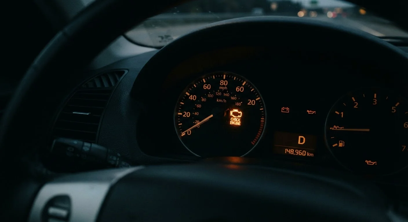 Orange check engine warning light glowing on a car dashboard instrument cluster