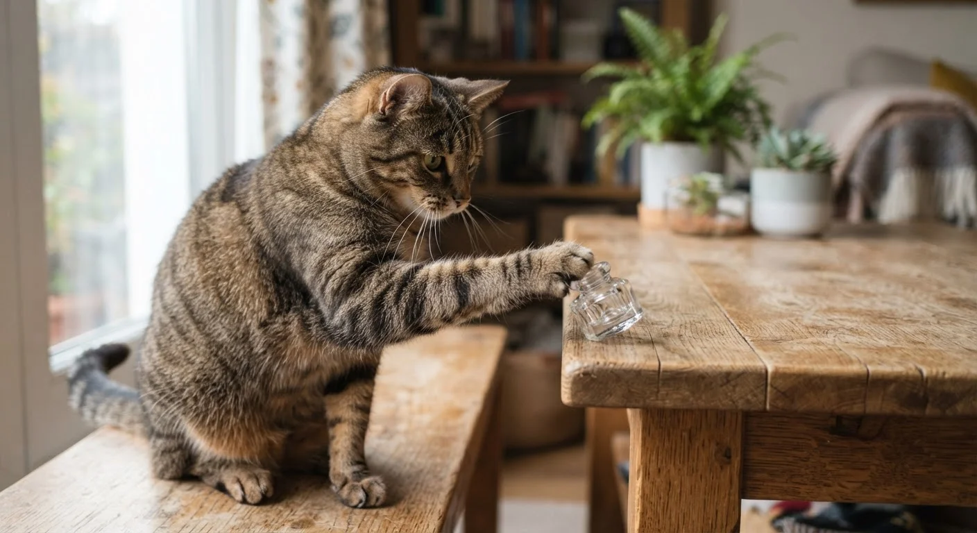 A tabby cat using its paw to push a small object off the edge of a table