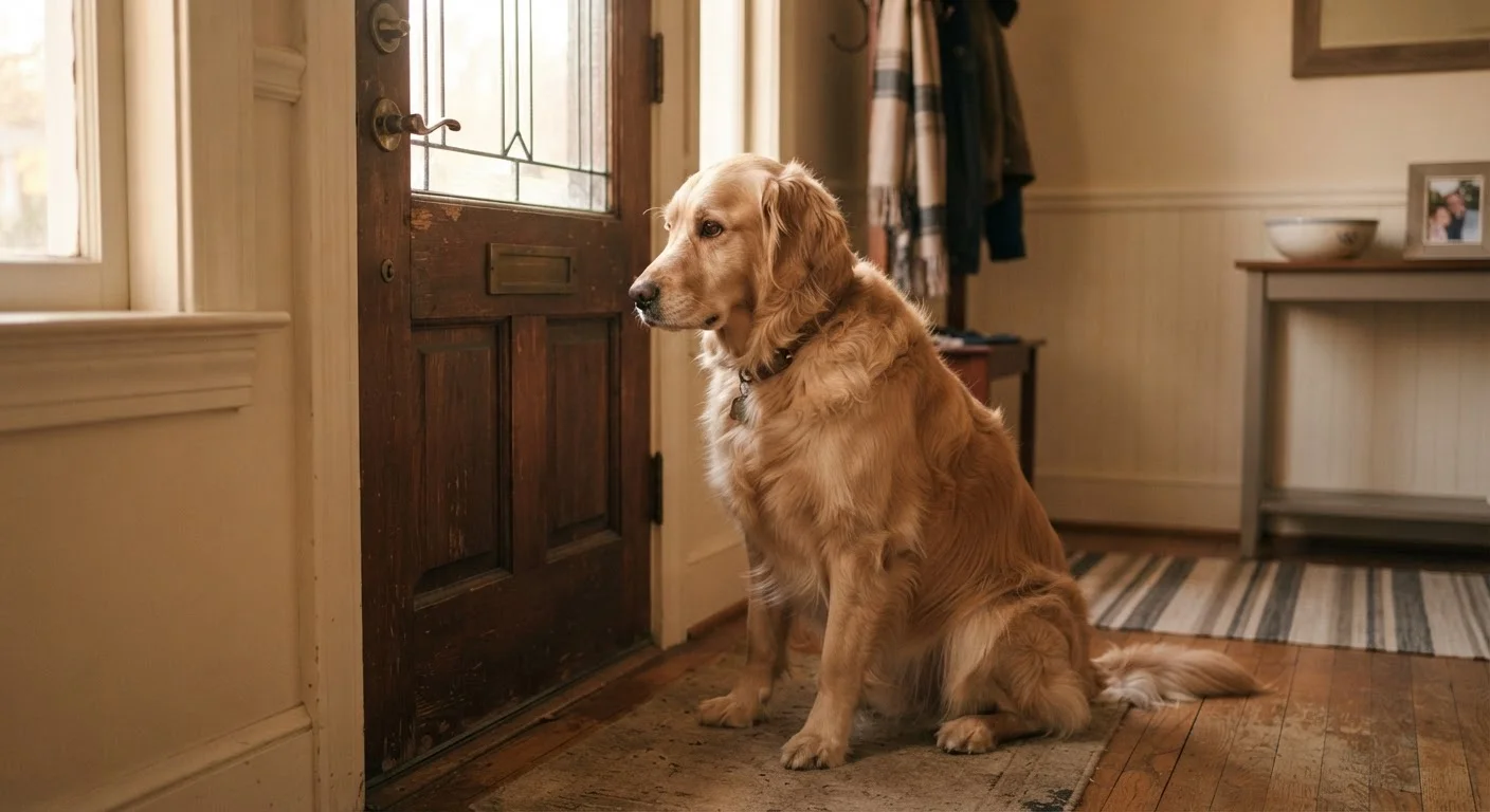 A golden retriever sitting alone by a front door looking anxious and waiting