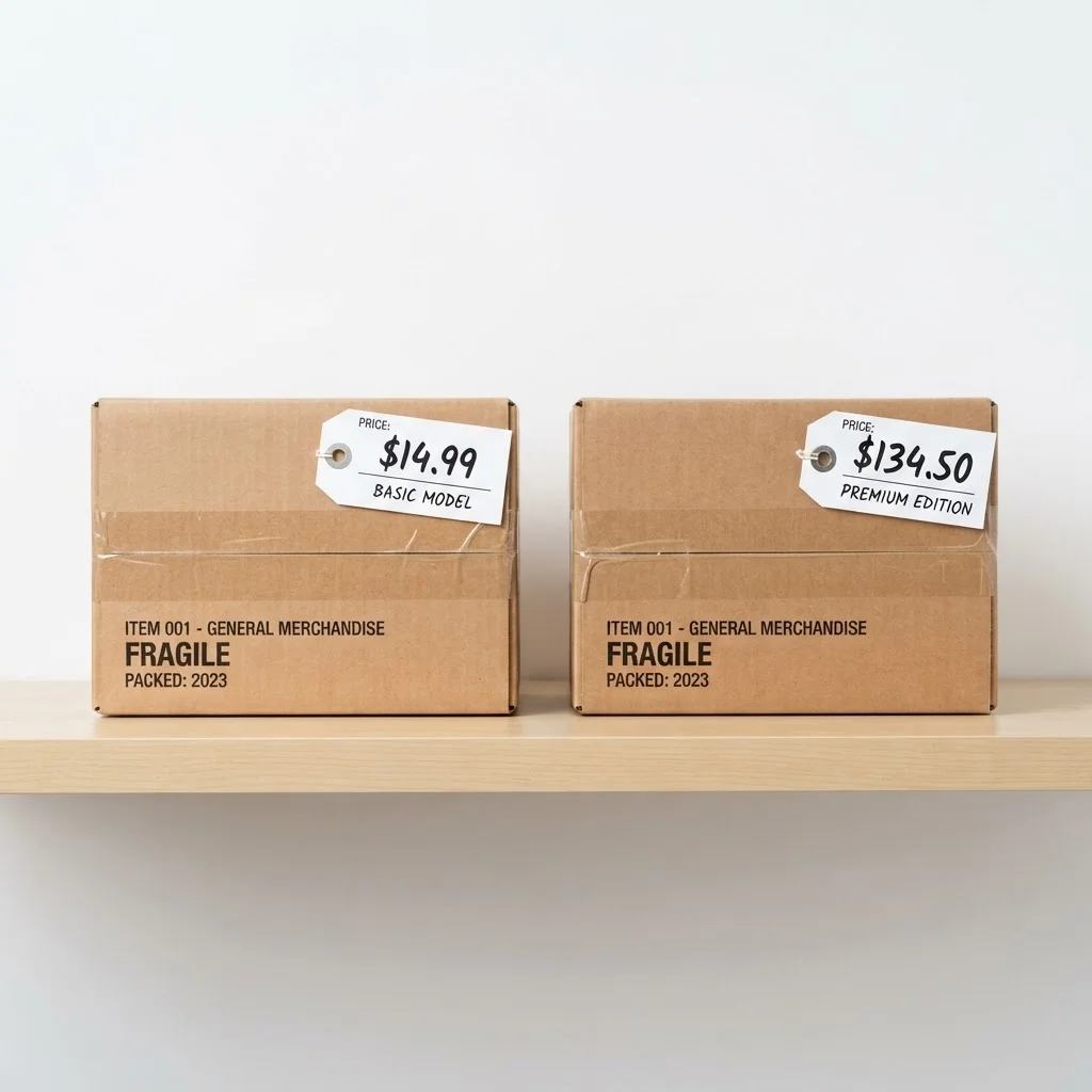 Two identical product boxes on a shelf displaying very different price tags