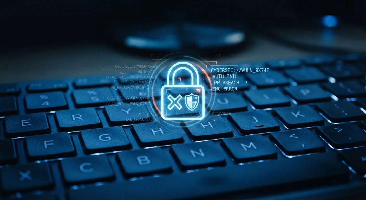 Glowing digital lock icon overlaid on a dark keyboard symbolizing password security risks