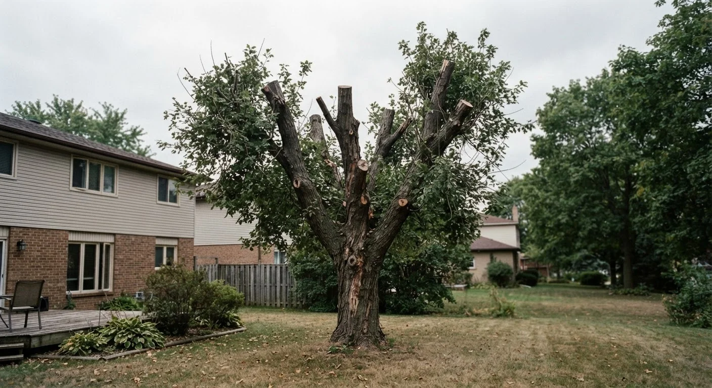 A topped tree with blunt branch stubs and excessive water sprout regrowth in a residential yard