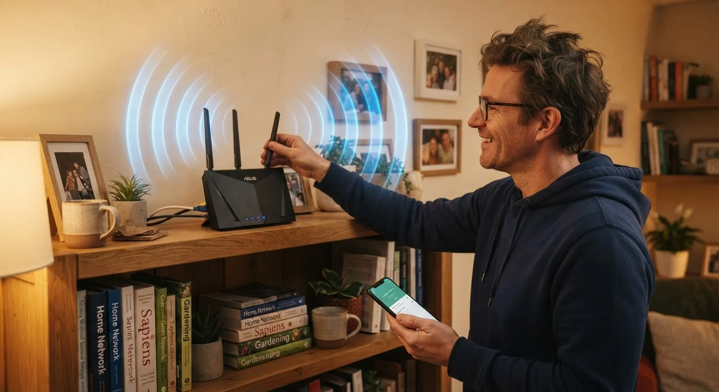 A home Wi-Fi router emitting signal waves in a typical American living room setting