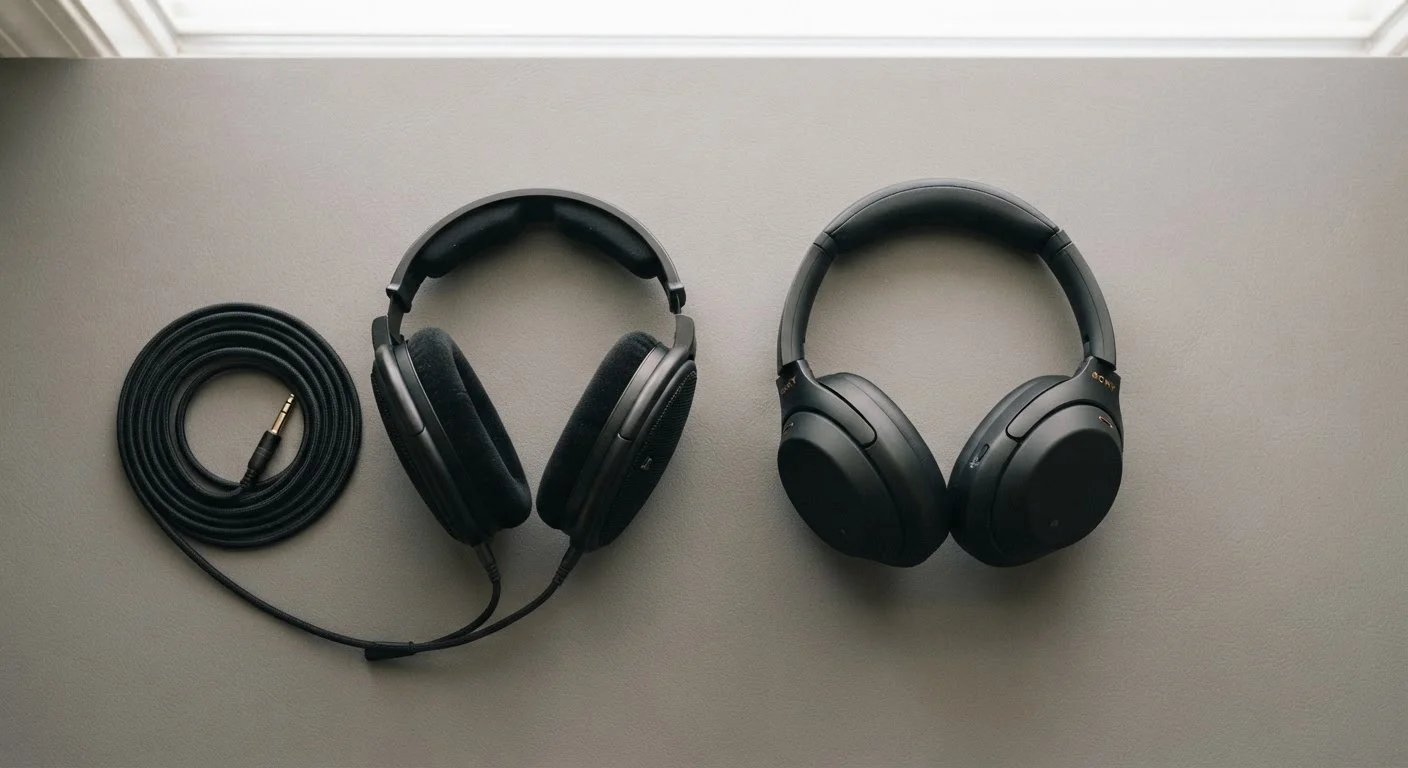 Wired headphones with a coiled cable placed next to wireless over-ear headphones on a grey surface