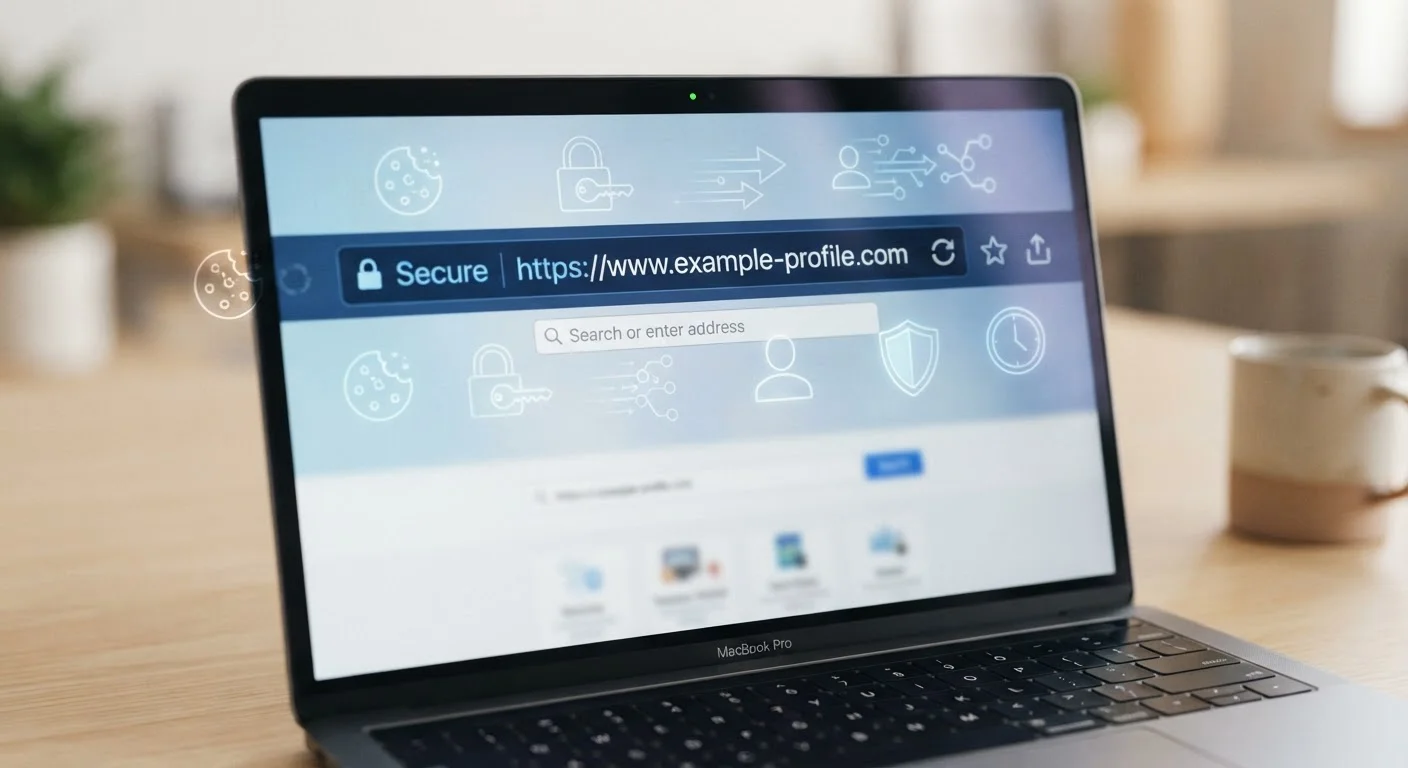 A laptop browser address bar surrounded by subtle data and privacy icons
